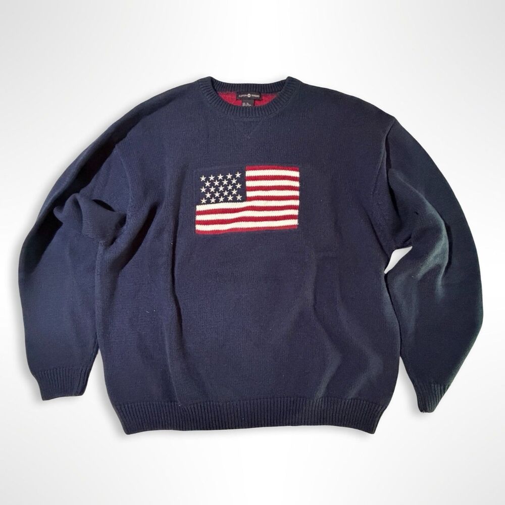 Cotton Traders, Navy Knit American Flag Pullover Sweater, Men's XL Heritage Prep